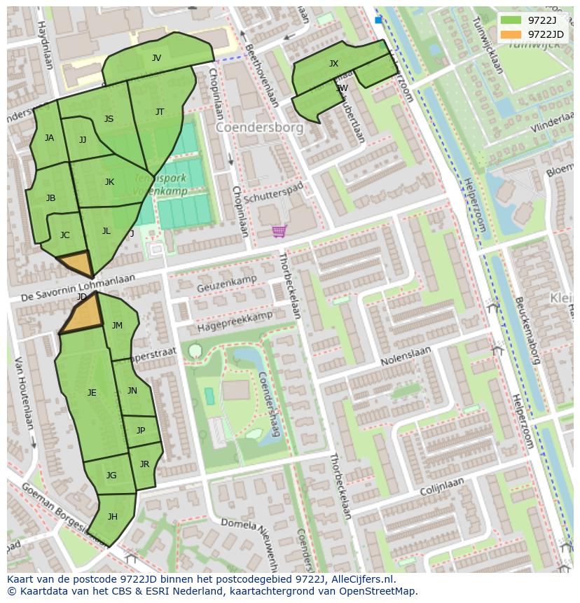 Afbeelding van het postcodegebied 9722 JD op de kaart.