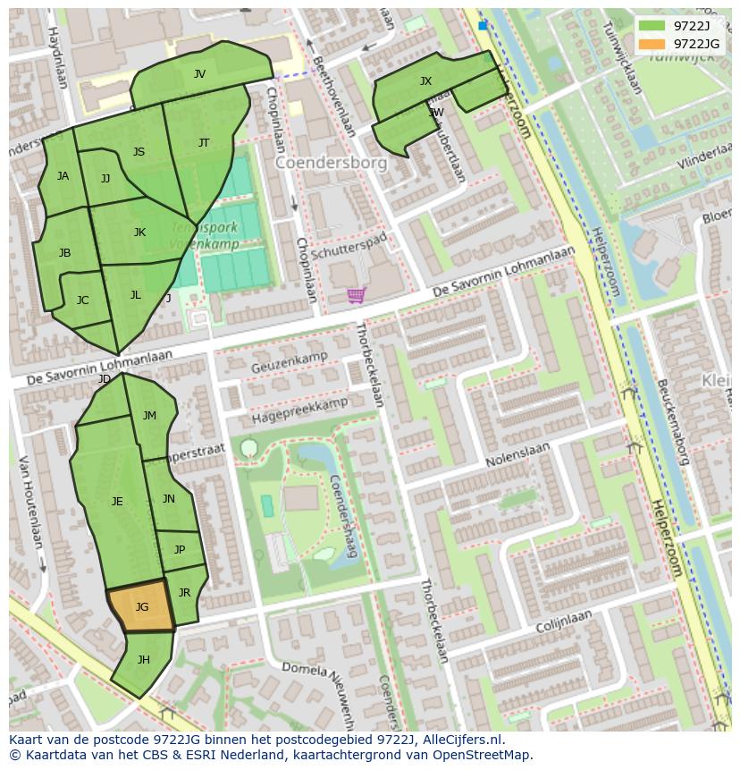 Afbeelding van het postcodegebied 9722 JG op de kaart.