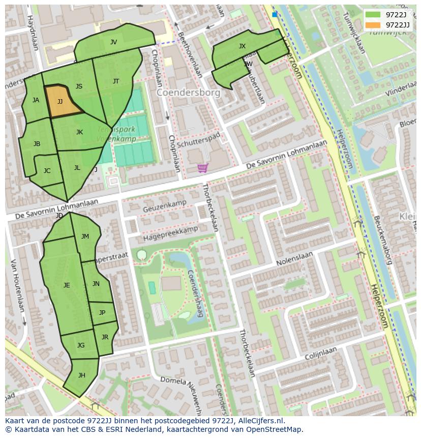 Afbeelding van het postcodegebied 9722 JJ op de kaart.