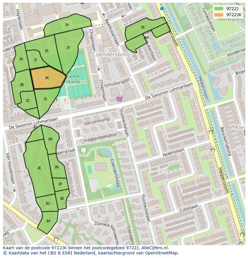 Afbeelding van het postcodegebied 9722 JK op de kaart.
