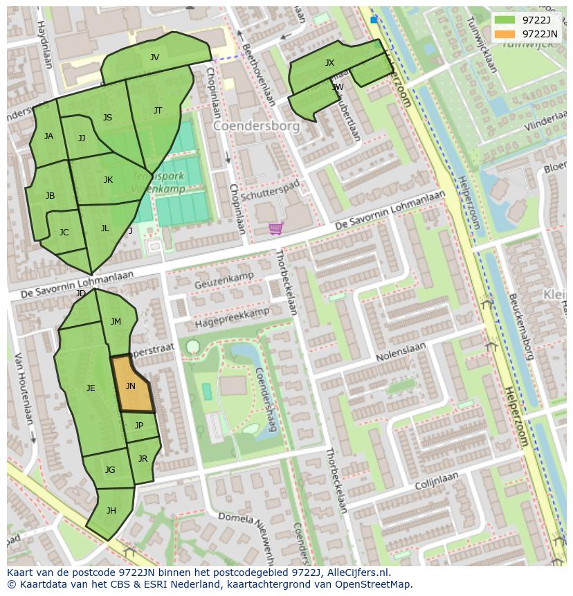 Afbeelding van het postcodegebied 9722 JN op de kaart.