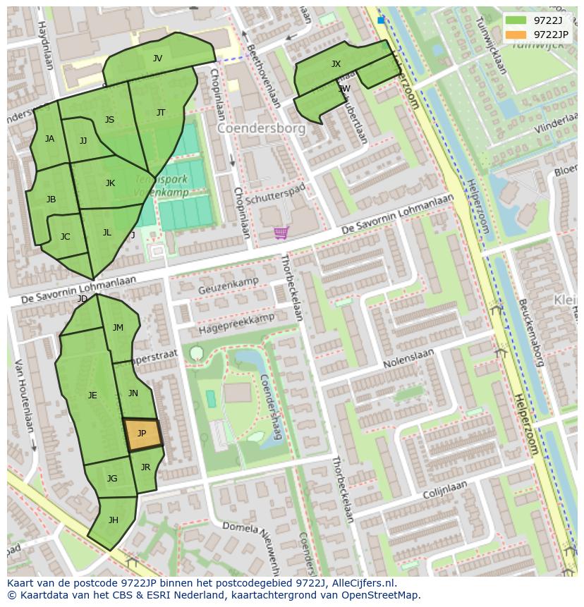 Afbeelding van het postcodegebied 9722 JP op de kaart.