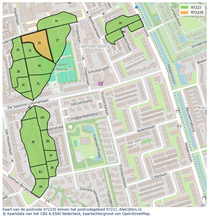 Afbeelding van het postcodegebied 9722 JS op de kaart.
