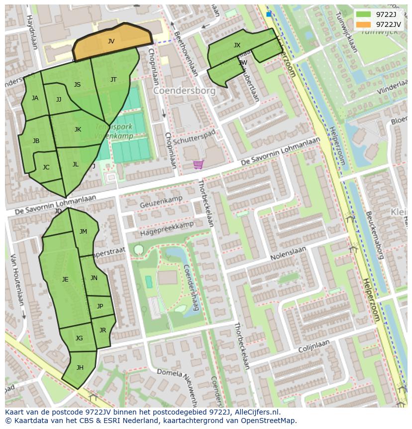 Afbeelding van het postcodegebied 9722 JV op de kaart.