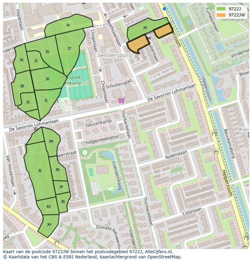 Afbeelding van het postcodegebied 9722 JW op de kaart.
