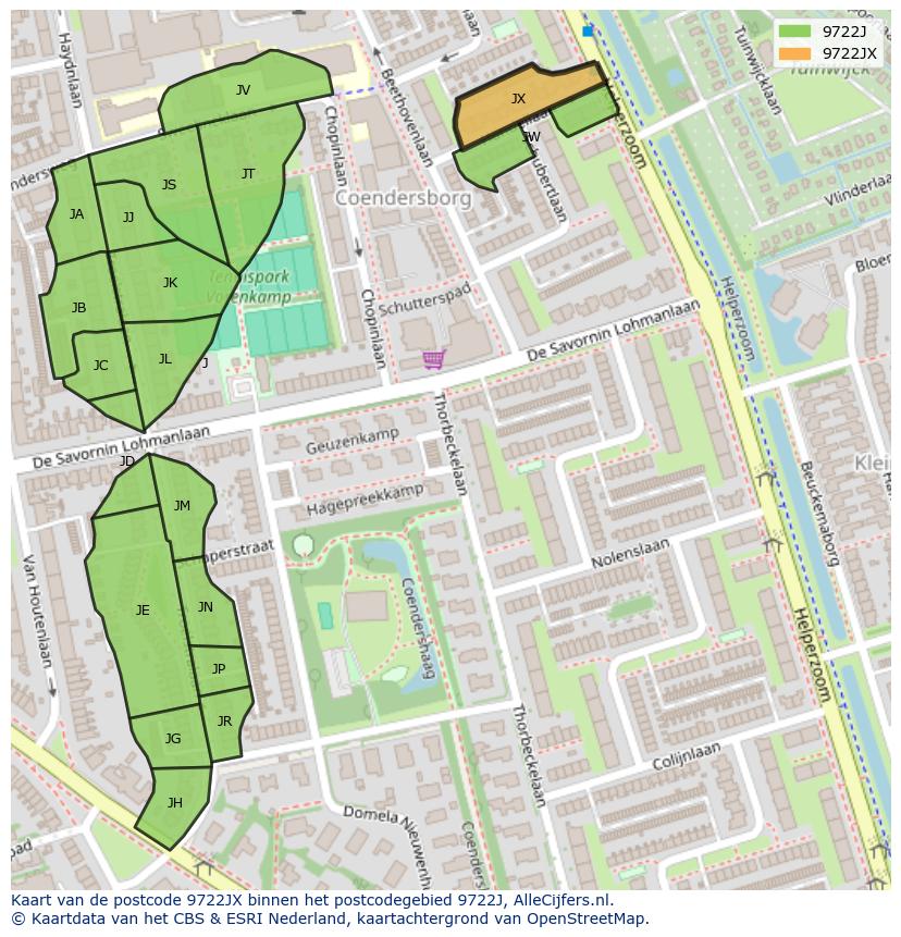 Afbeelding van het postcodegebied 9722 JX op de kaart.