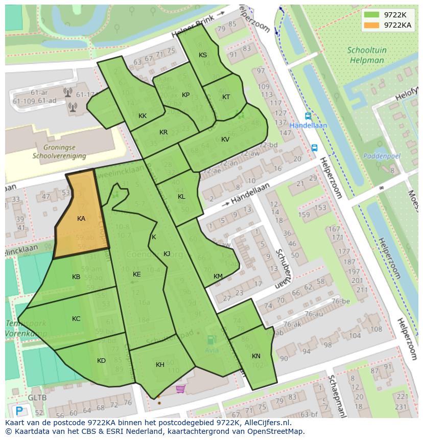 Afbeelding van het postcodegebied 9722 KA op de kaart.