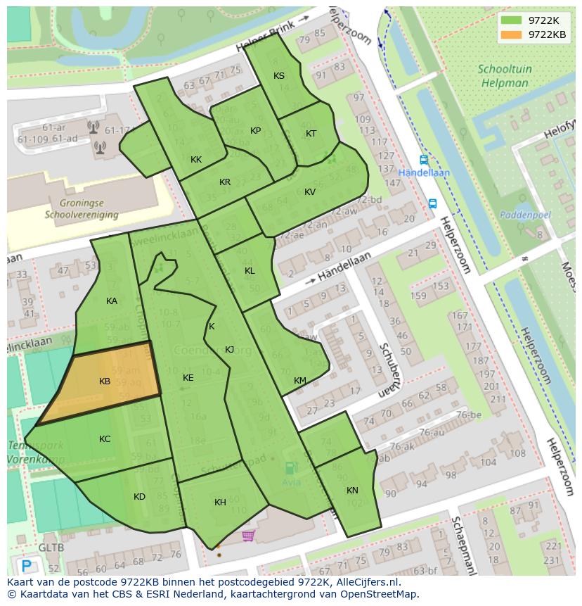 Afbeelding van het postcodegebied 9722 KB op de kaart.
