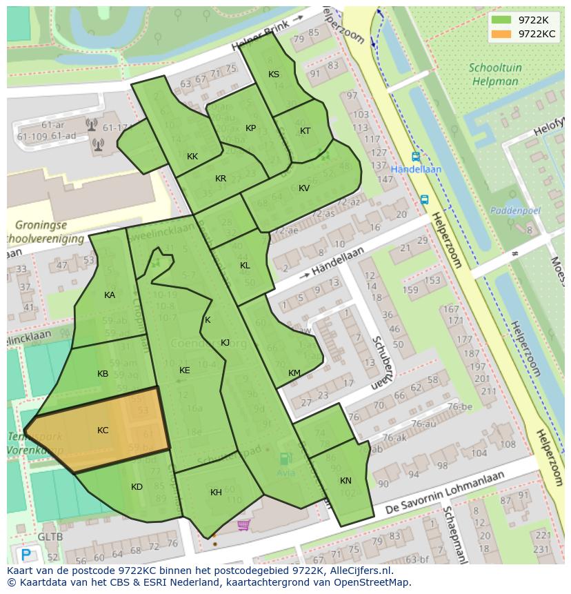 Afbeelding van het postcodegebied 9722 KC op de kaart.