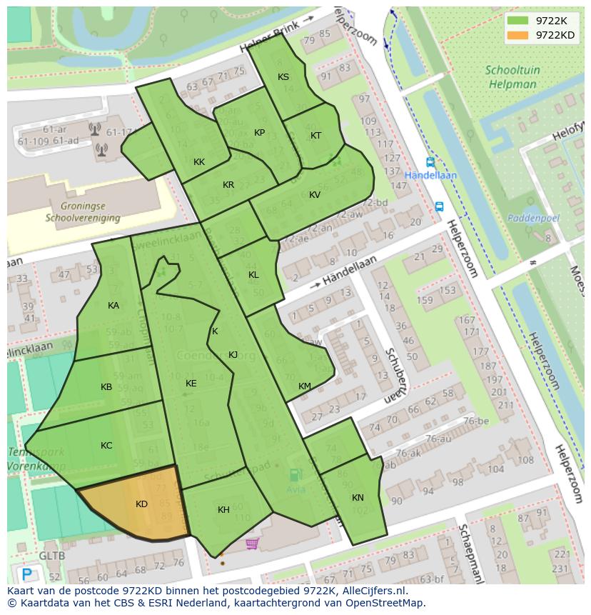 Afbeelding van het postcodegebied 9722 KD op de kaart.