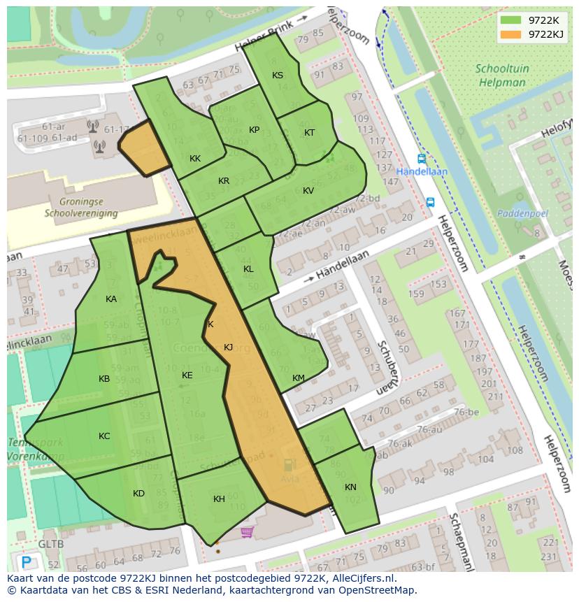 Afbeelding van het postcodegebied 9722 KJ op de kaart.