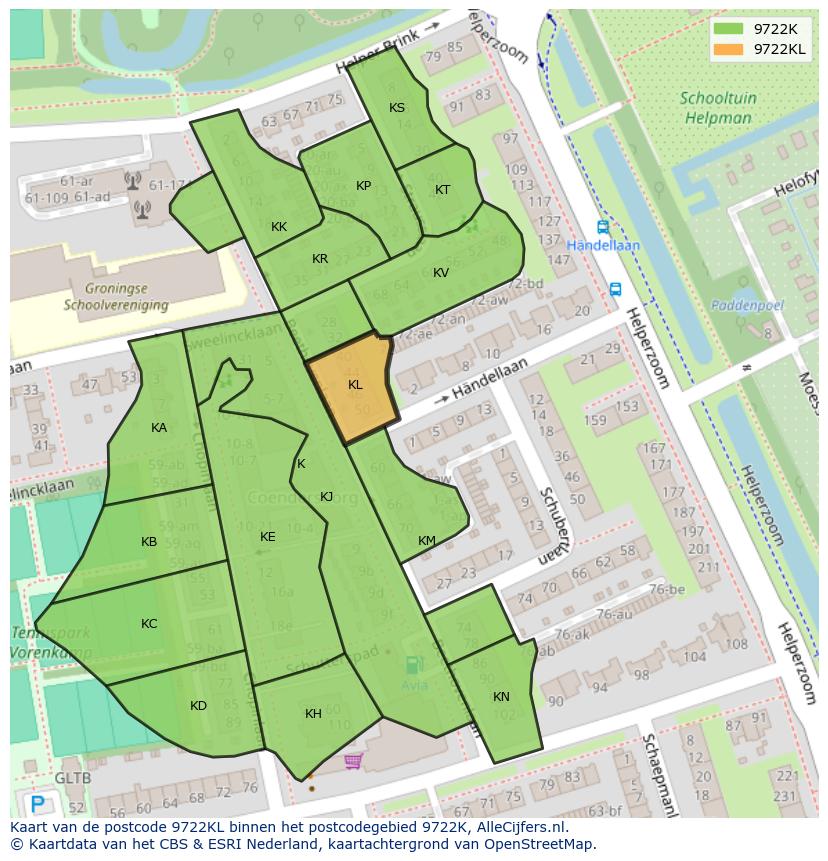 Afbeelding van het postcodegebied 9722 KL op de kaart.