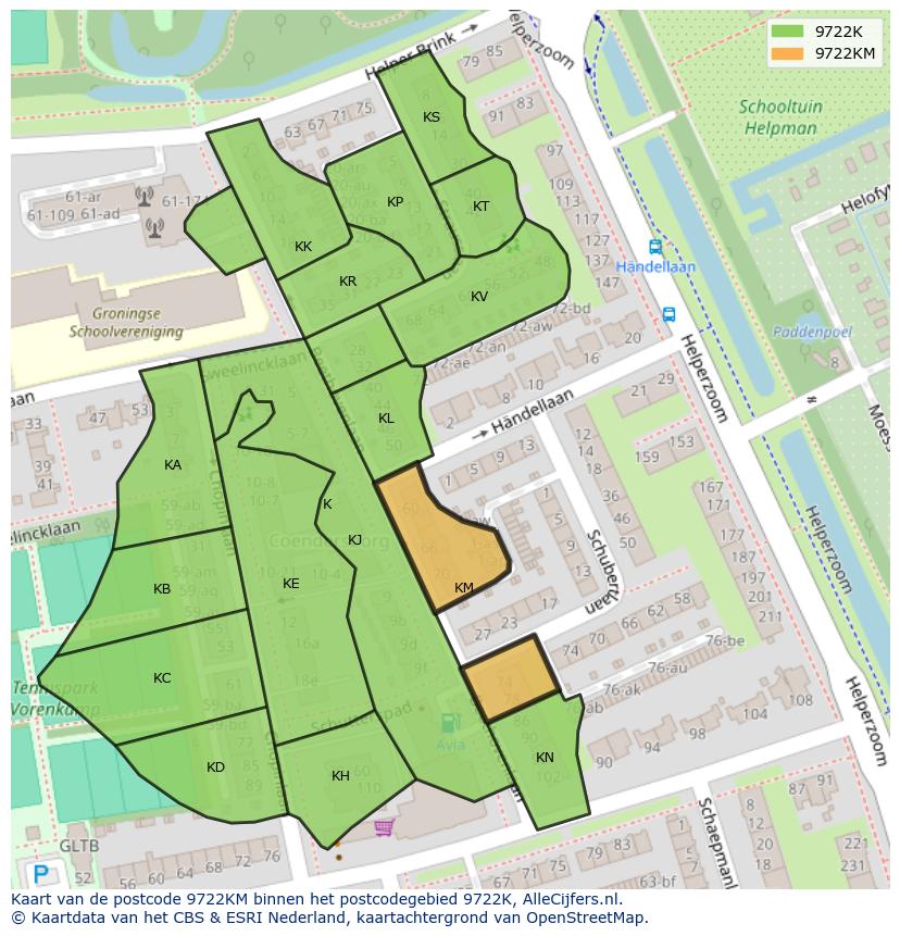 Afbeelding van het postcodegebied 9722 KM op de kaart.