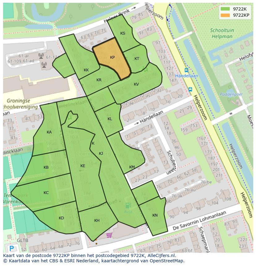 Afbeelding van het postcodegebied 9722 KP op de kaart.