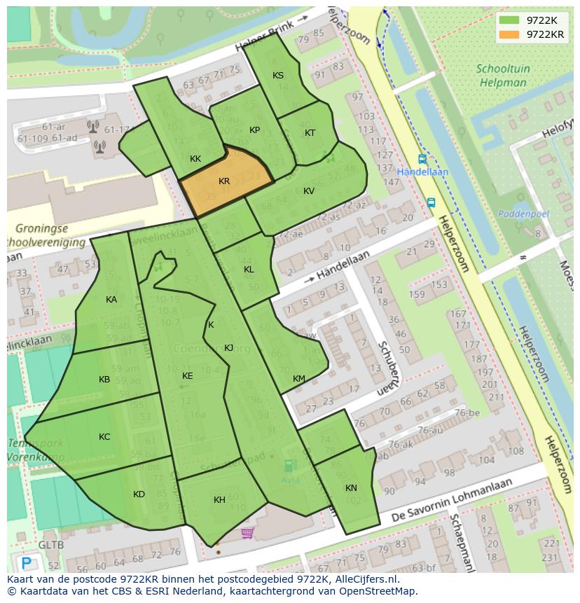 Afbeelding van het postcodegebied 9722 KR op de kaart.