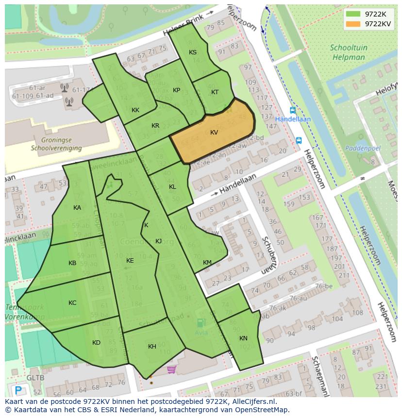 Afbeelding van het postcodegebied 9722 KV op de kaart.