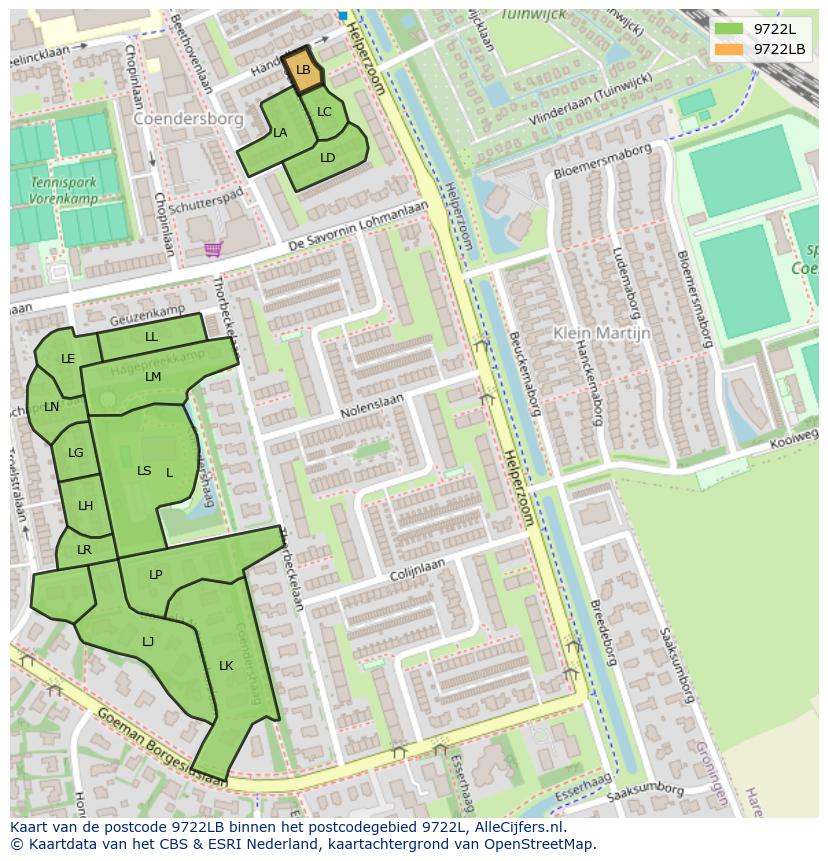 Afbeelding van het postcodegebied 9722 LB op de kaart.