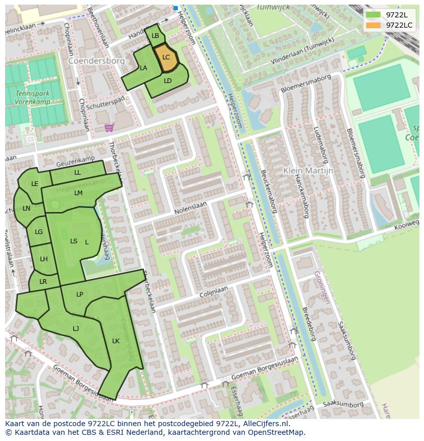 Afbeelding van het postcodegebied 9722 LC op de kaart.