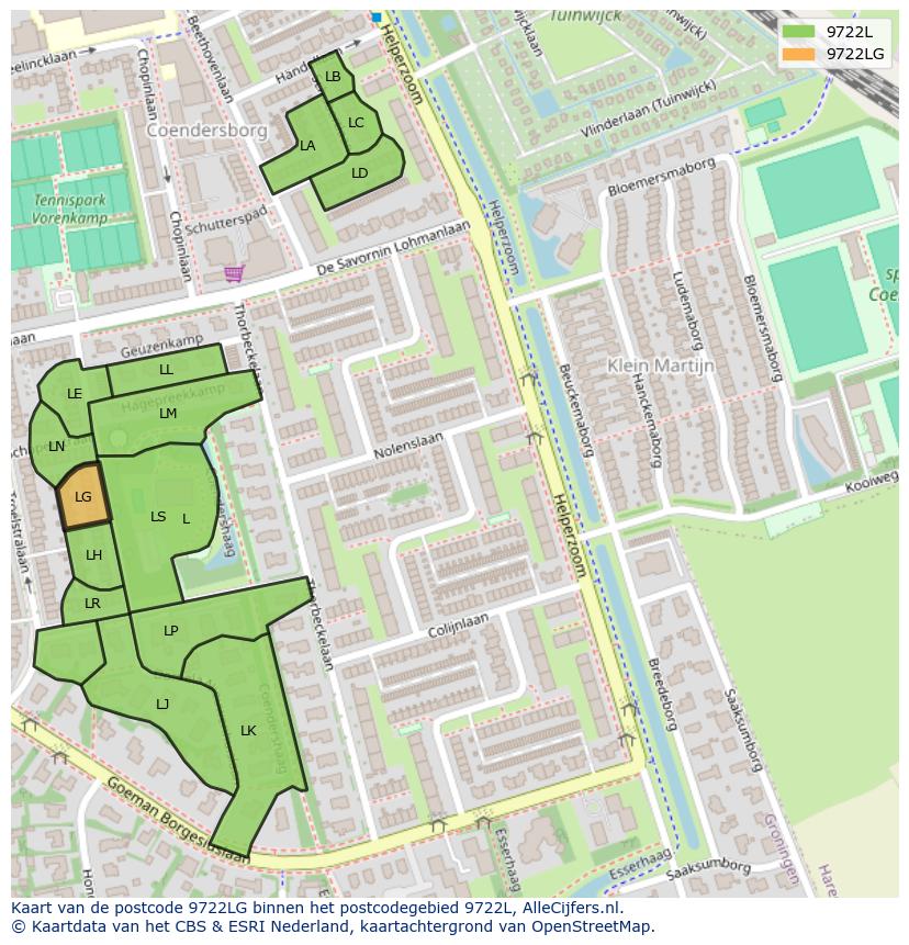 Afbeelding van het postcodegebied 9722 LG op de kaart.