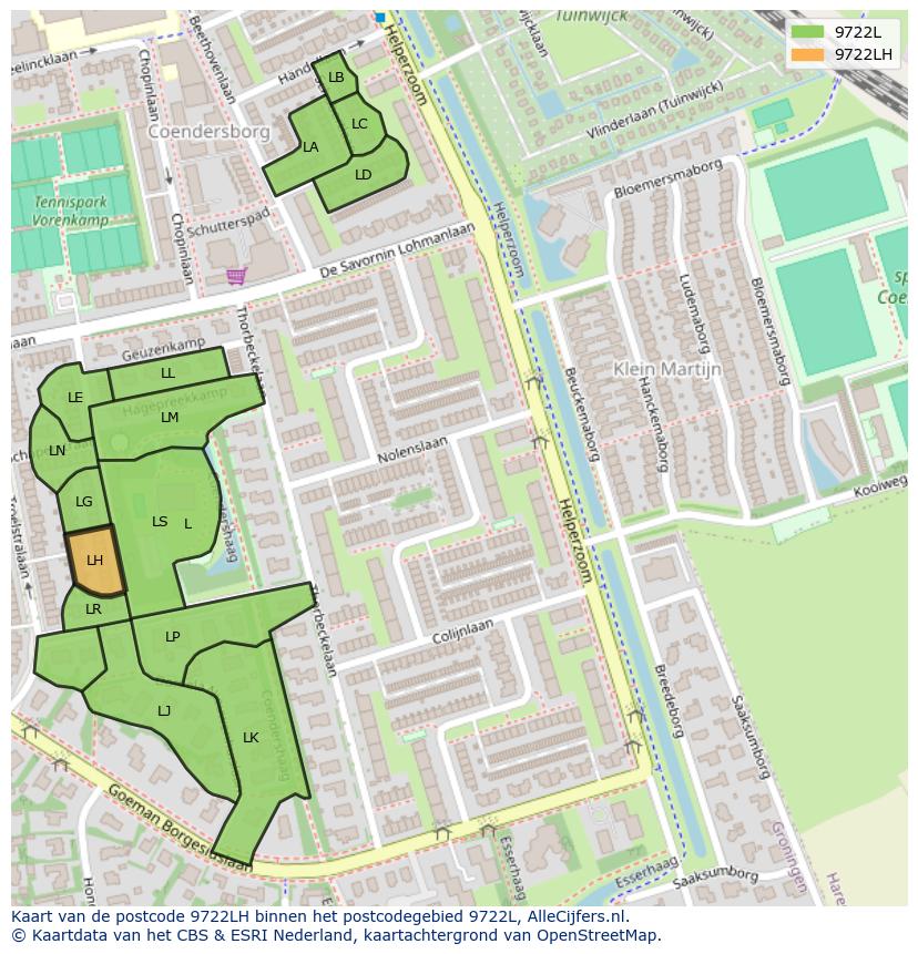Afbeelding van het postcodegebied 9722 LH op de kaart.