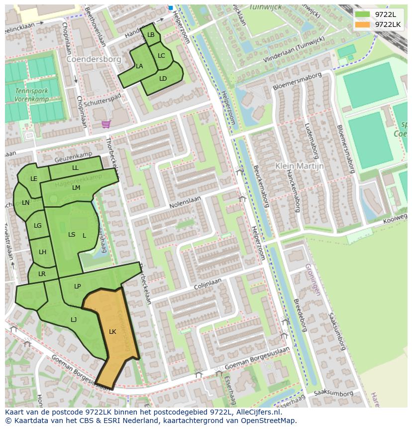 Afbeelding van het postcodegebied 9722 LK op de kaart.