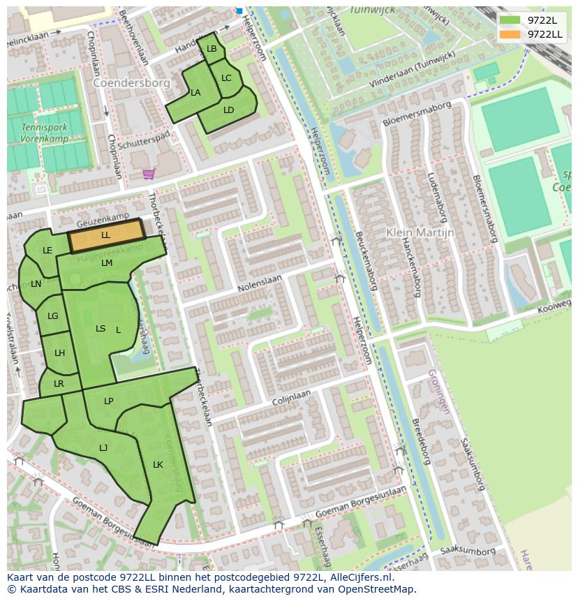 Afbeelding van het postcodegebied 9722 LL op de kaart.
