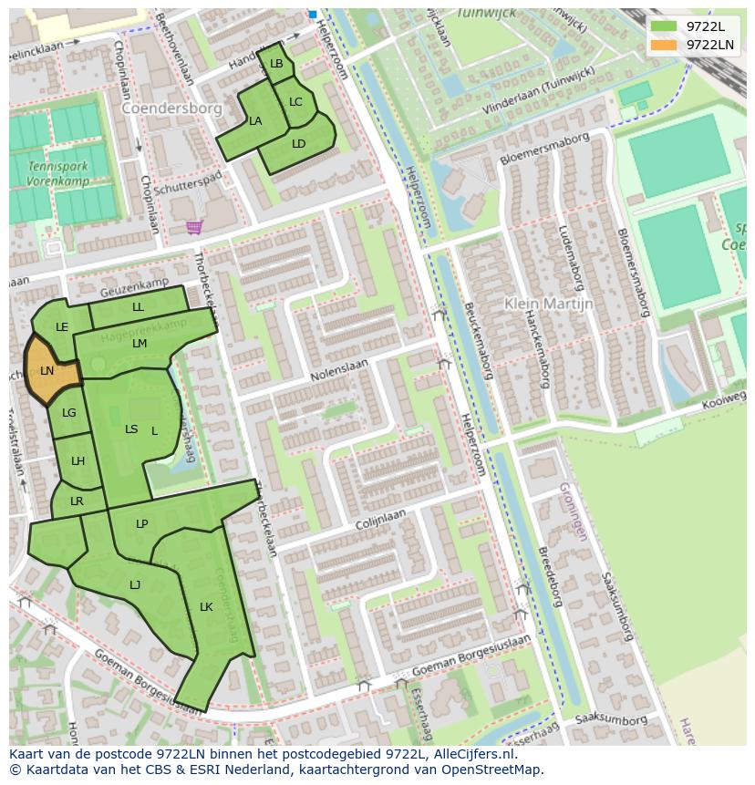 Afbeelding van het postcodegebied 9722 LN op de kaart.