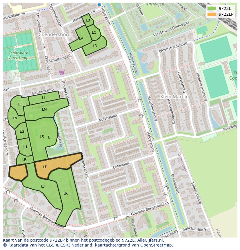 Afbeelding van het postcodegebied 9722 LP op de kaart.