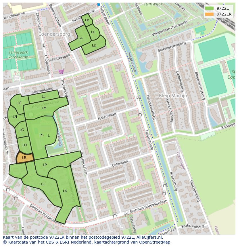 Afbeelding van het postcodegebied 9722 LR op de kaart.