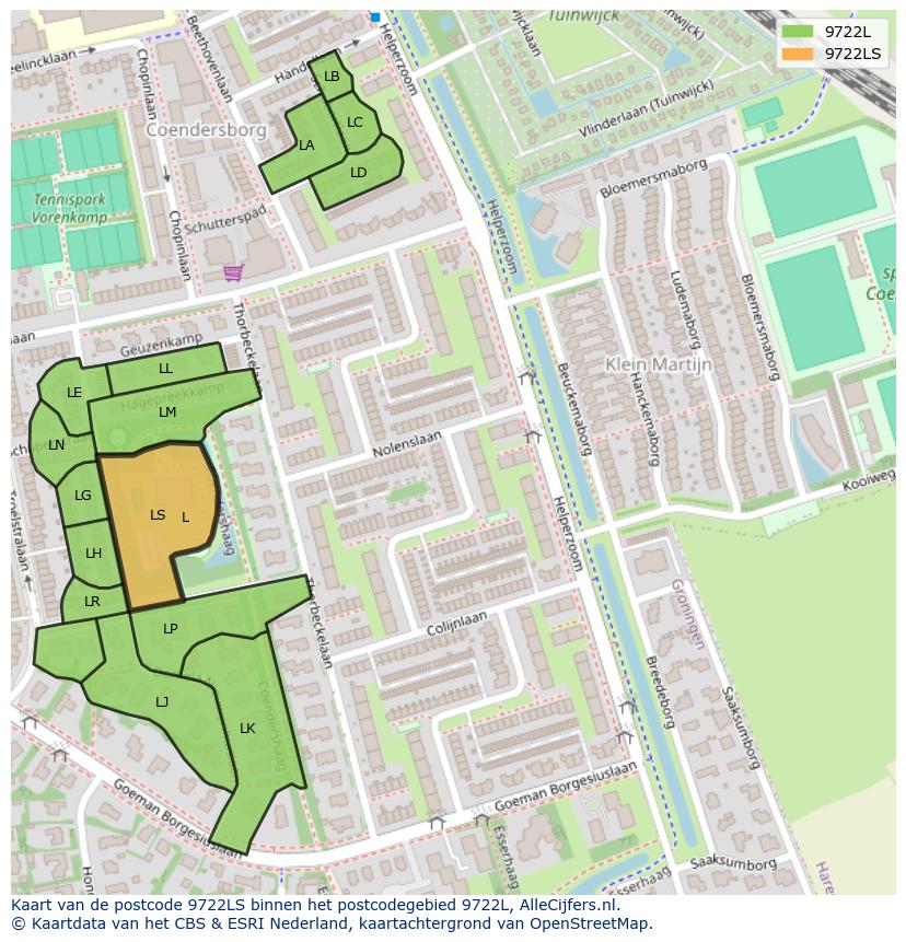 Afbeelding van het postcodegebied 9722 LS op de kaart.