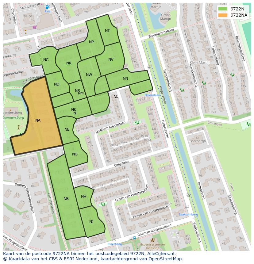 Afbeelding van het postcodegebied 9722 NA op de kaart.