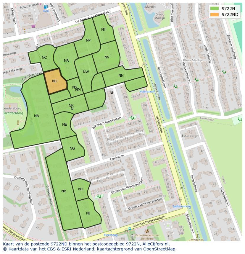 Afbeelding van het postcodegebied 9722 ND op de kaart.