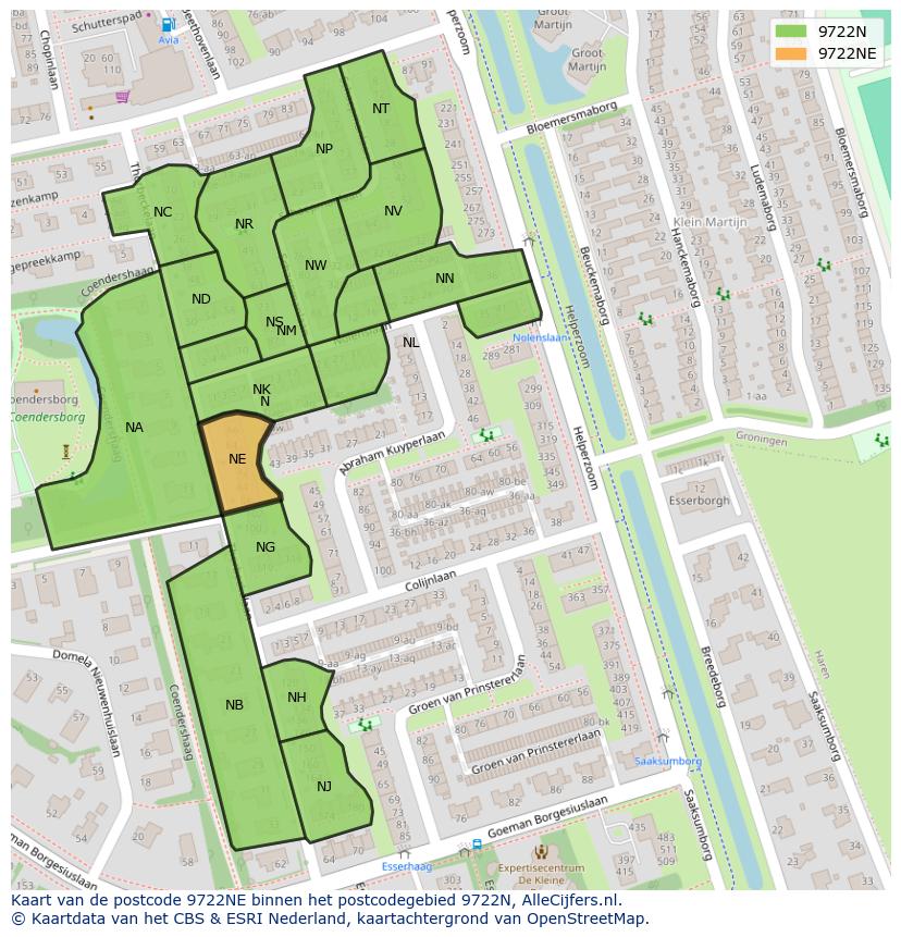 Afbeelding van het postcodegebied 9722 NE op de kaart.