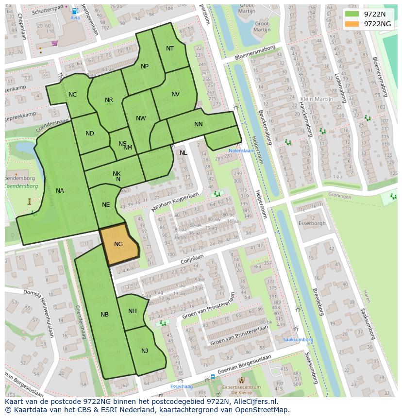 Afbeelding van het postcodegebied 9722 NG op de kaart.
