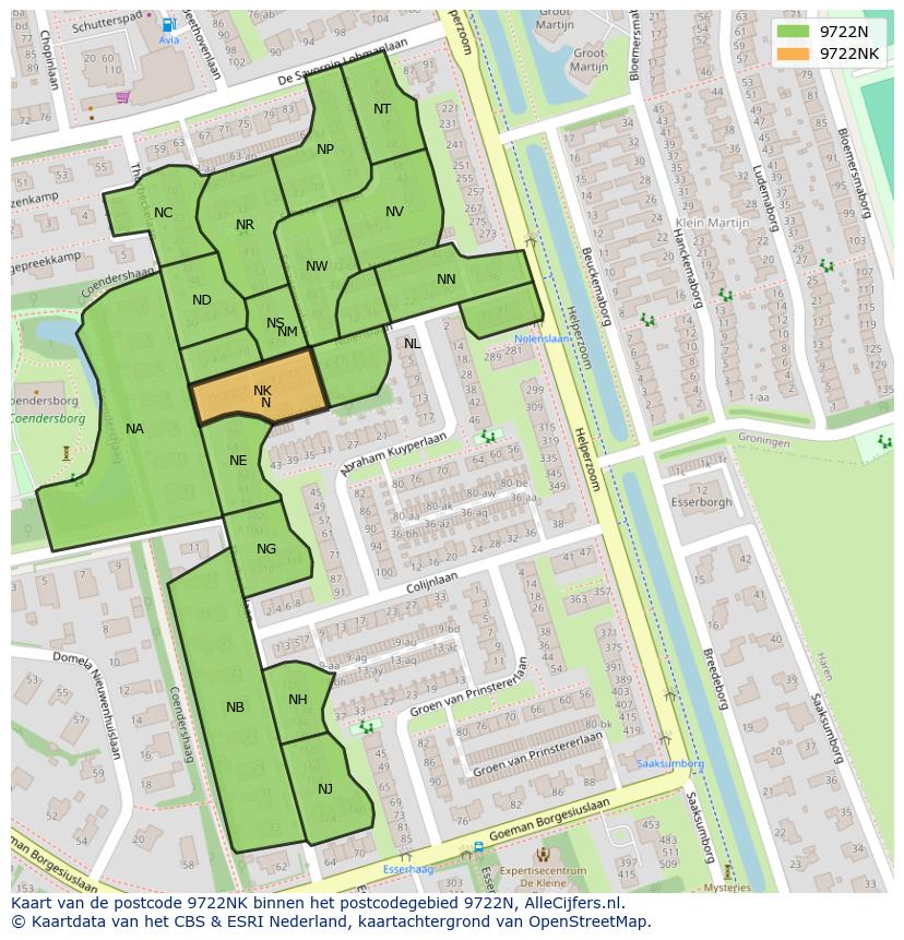 Afbeelding van het postcodegebied 9722 NK op de kaart.