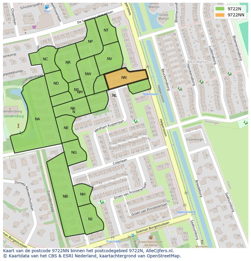 Afbeelding van het postcodegebied 9722 NN op de kaart.