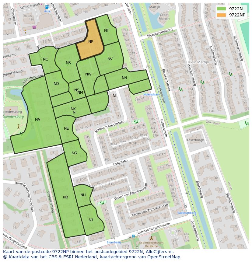 Afbeelding van het postcodegebied 9722 NP op de kaart.