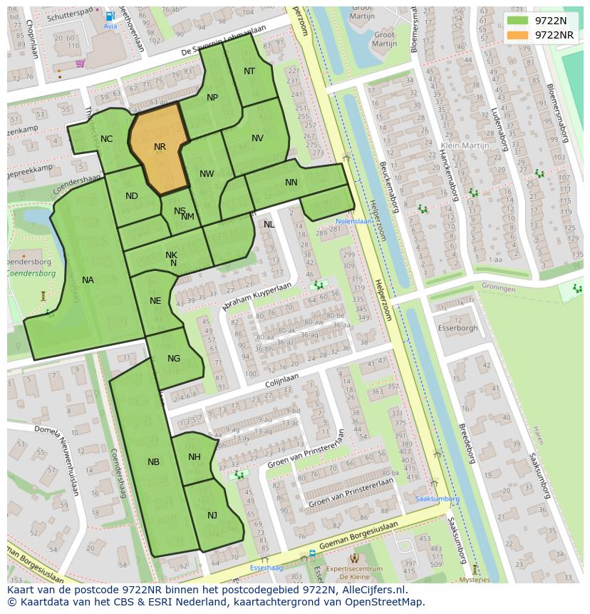 Afbeelding van het postcodegebied 9722 NR op de kaart.