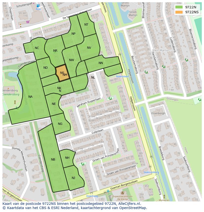 Afbeelding van het postcodegebied 9722 NS op de kaart.