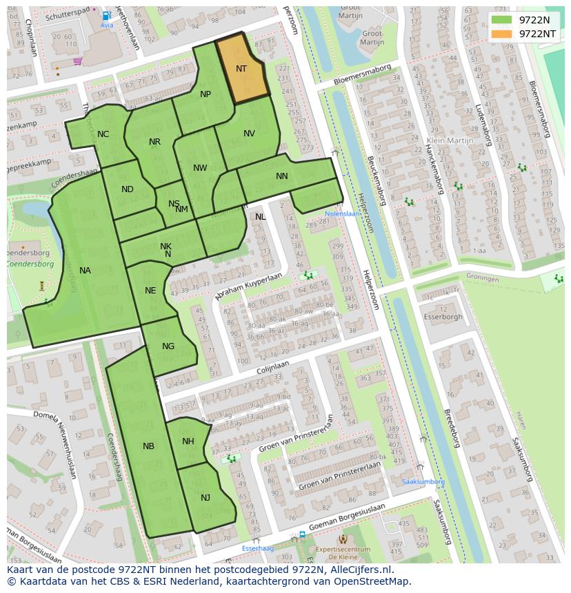 Afbeelding van het postcodegebied 9722 NT op de kaart.