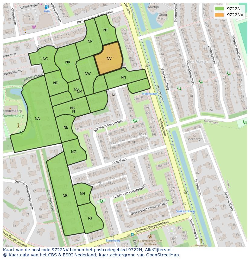Afbeelding van het postcodegebied 9722 NV op de kaart.