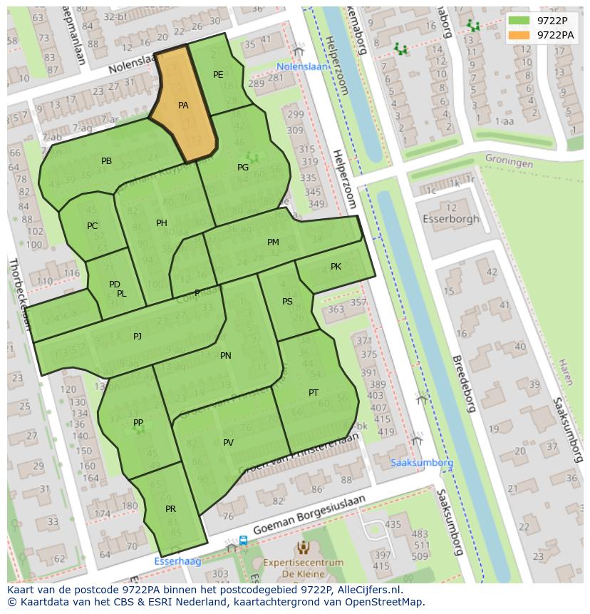 Afbeelding van het postcodegebied 9722 PA op de kaart.