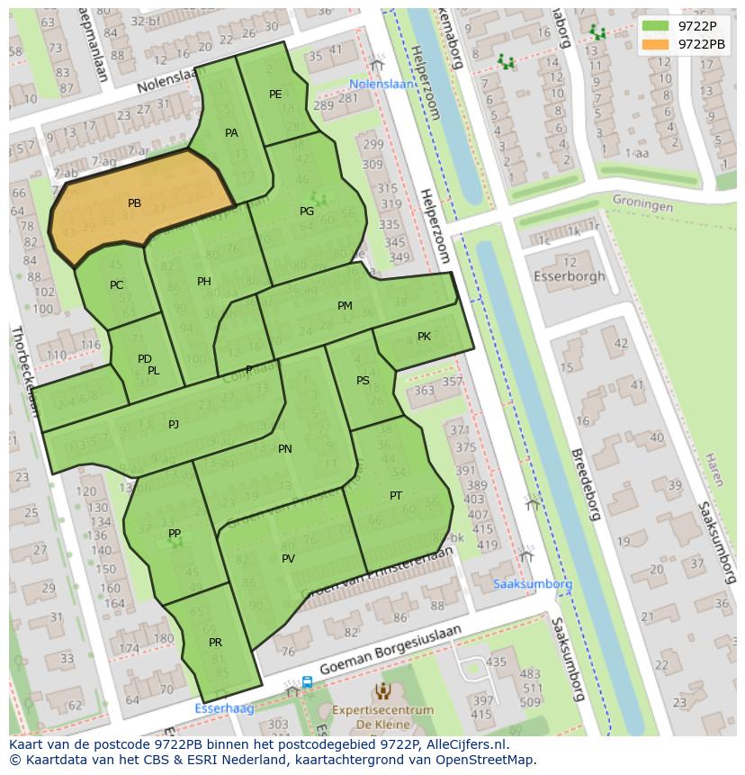 Afbeelding van het postcodegebied 9722 PB op de kaart.