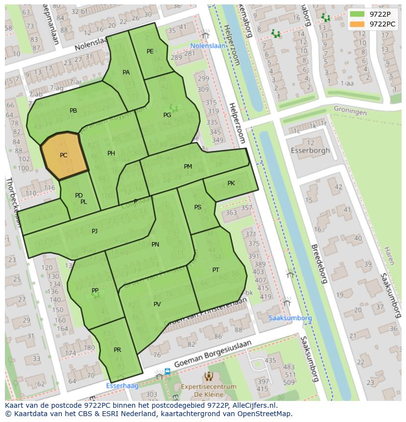 Afbeelding van het postcodegebied 9722 PC op de kaart.