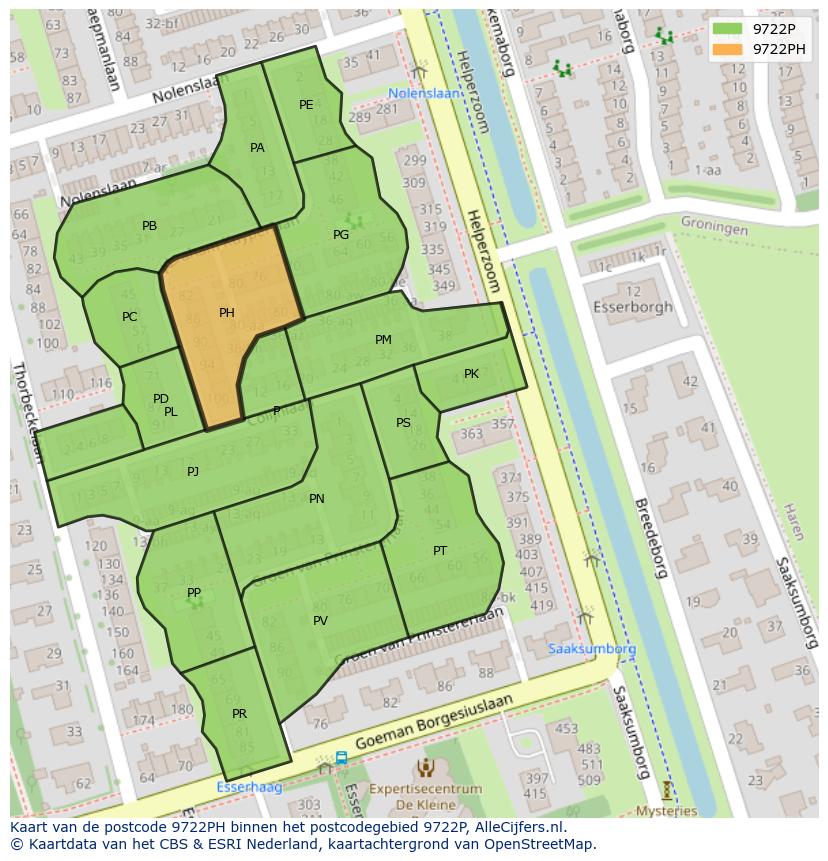 Afbeelding van het postcodegebied 9722 PH op de kaart.