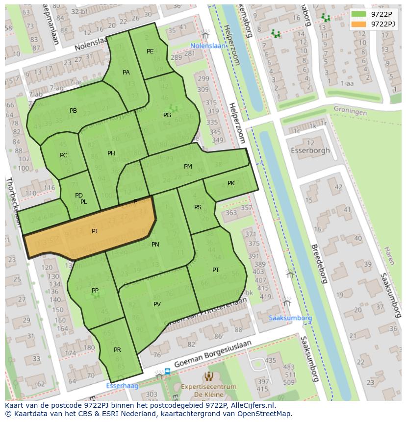 Afbeelding van het postcodegebied 9722 PJ op de kaart.