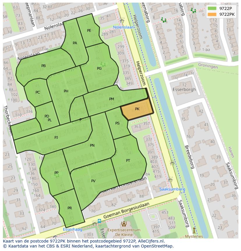 Afbeelding van het postcodegebied 9722 PK op de kaart.