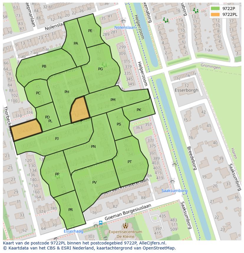 Afbeelding van het postcodegebied 9722 PL op de kaart.