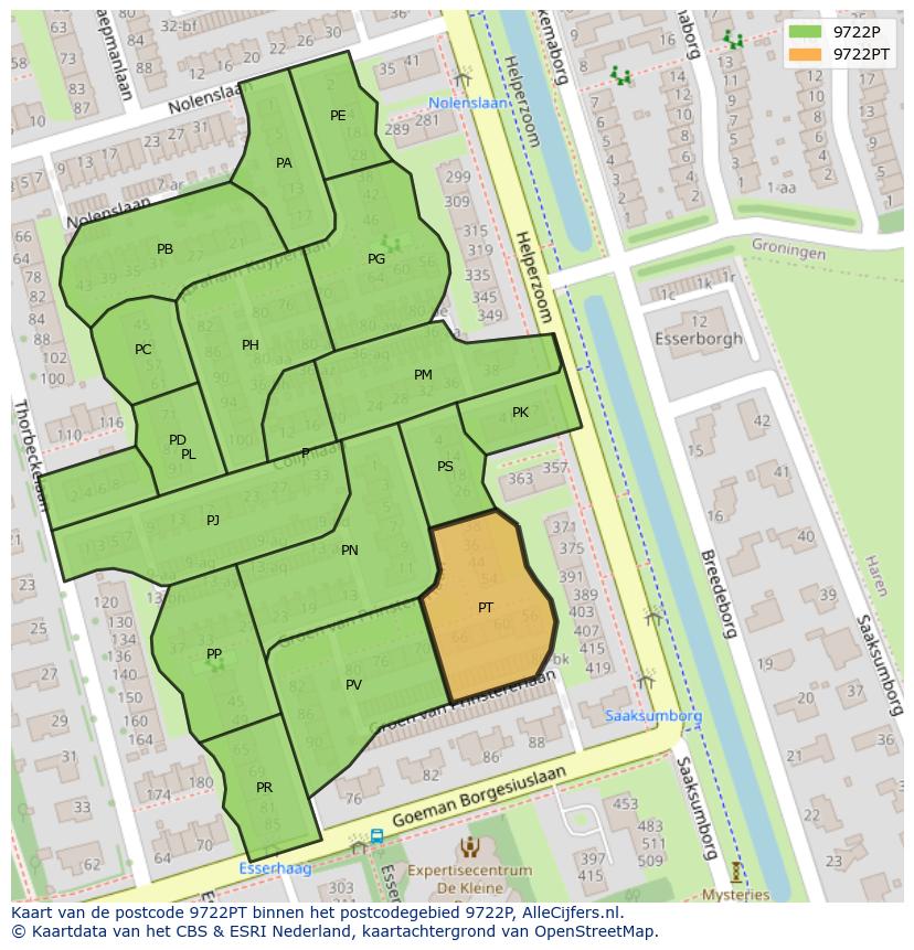 Afbeelding van het postcodegebied 9722 PT op de kaart.
