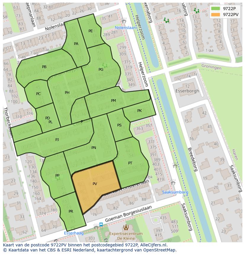 Afbeelding van het postcodegebied 9722 PV op de kaart.